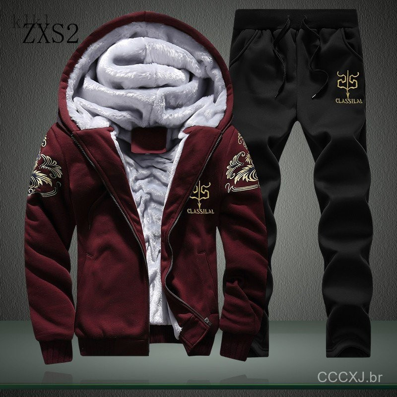 Conjunto de Treino de Inverno Masculino com Jaqueta de Fleece, Moletom com Capuz, Calças Esportivas e Jaqueta Esportiva 