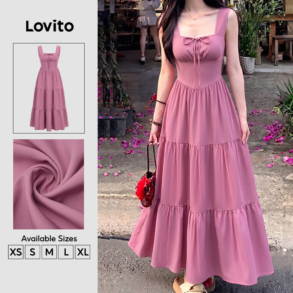 Lovito Vestido Elegante de Verão/primavera Vermelhorosa com Camadas Estilo Resort Frente com laço DRK9P2D480