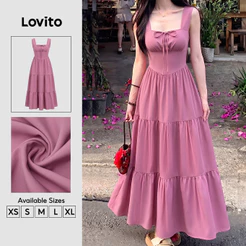 Lovito Vestido Elegante de Verão/primavera Vermelhorosa com Camadas Estilo Resort Frente com laço DRK9P2D480