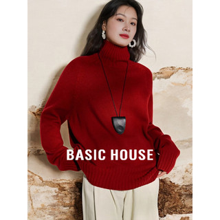 Casa básica/casa básica ano novo vermelho gola alta engrossado suéter feminino outono 100% lã camisa de fundo de malha