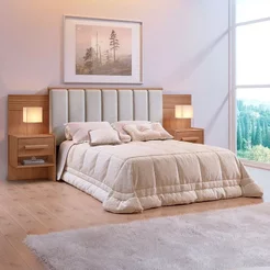 Cabeceira Casal Queen 160 cm Ripada 100% MDF Estofada Isis com 02 Mesas de Cabeceira Espresso Móvei Cinamomo/Areia