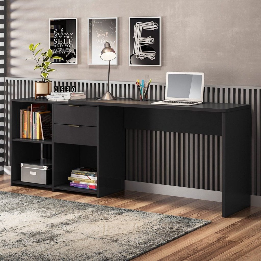 Escrivaninha Mesa Escritório em L Office Nt 2060 2 Gavetas 3 Nichos 148,6cm Preto Tx Preto Tx · foto 2