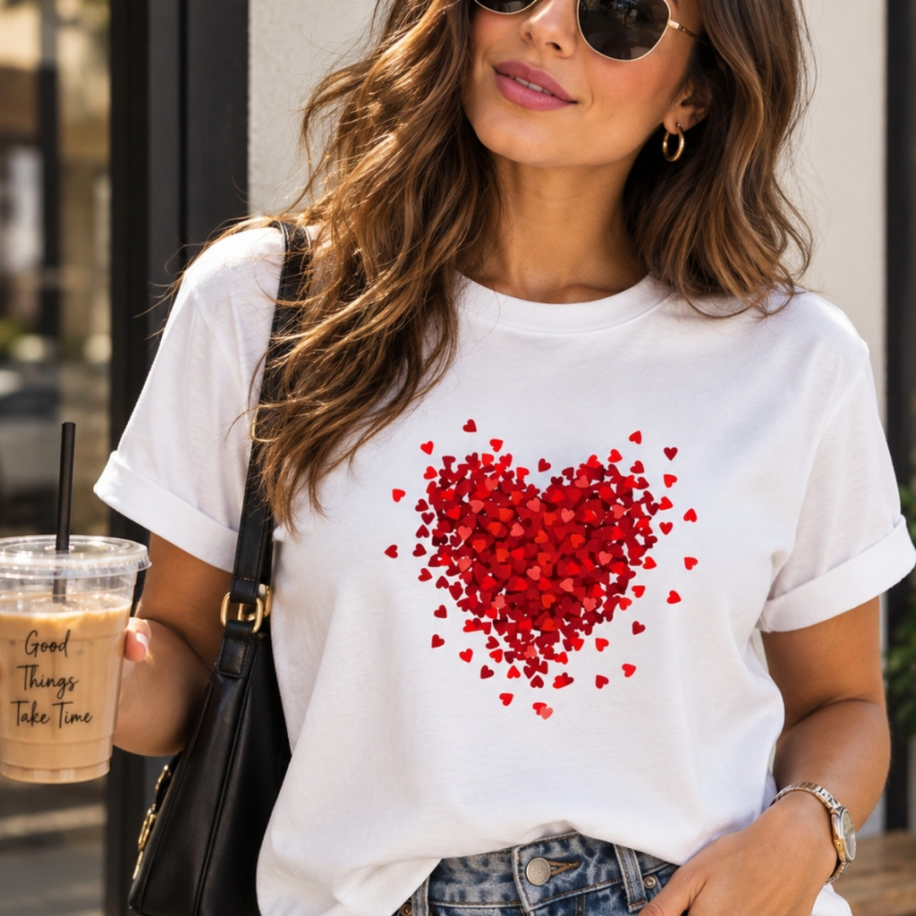 Camiseta Feminina Coração 3D Vermelho 100% Algodão Estampada T-Shirt Casual Unissex, Blusa Estilosa