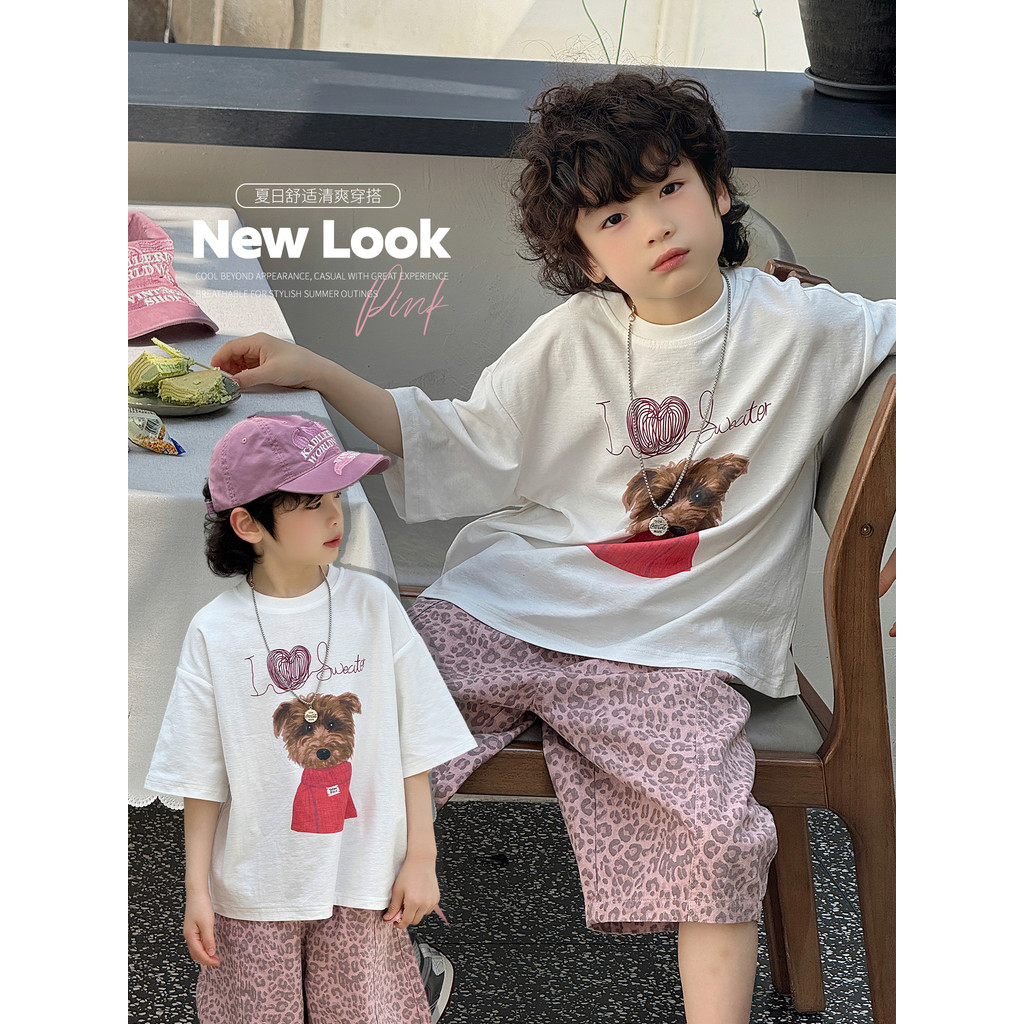Meninos branco puro algodão de manga curta 2026 novo estilo crianças verão versão coreana impresso camiseta solta menino