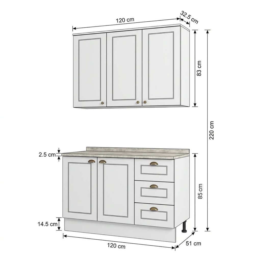 Cozinha Compacta Modulada 2 Peças 100% MDF com Armário Aéreo e Balcão com Tampo Branca/Calcare Emily Branco · foto 2