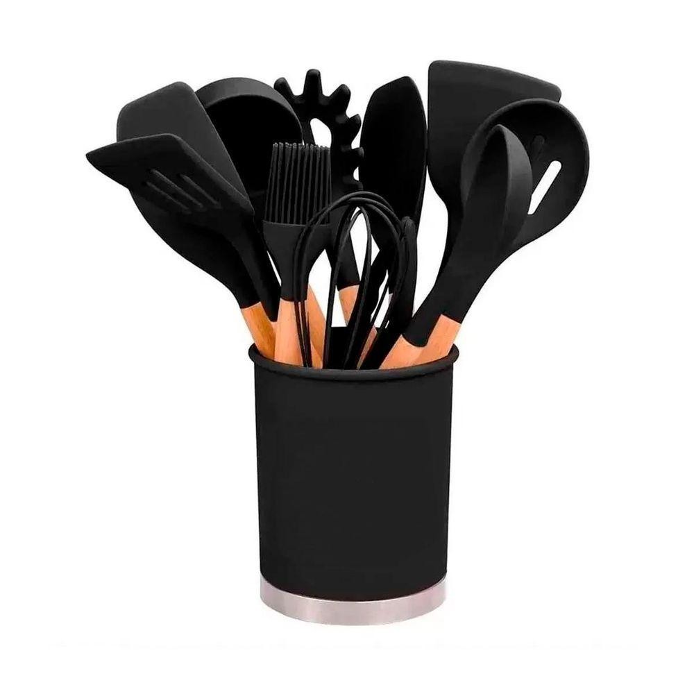 Kit 12 Talheres Silicone E Madeira | Utensílios Cozinha Preto em Oferta na Shopee