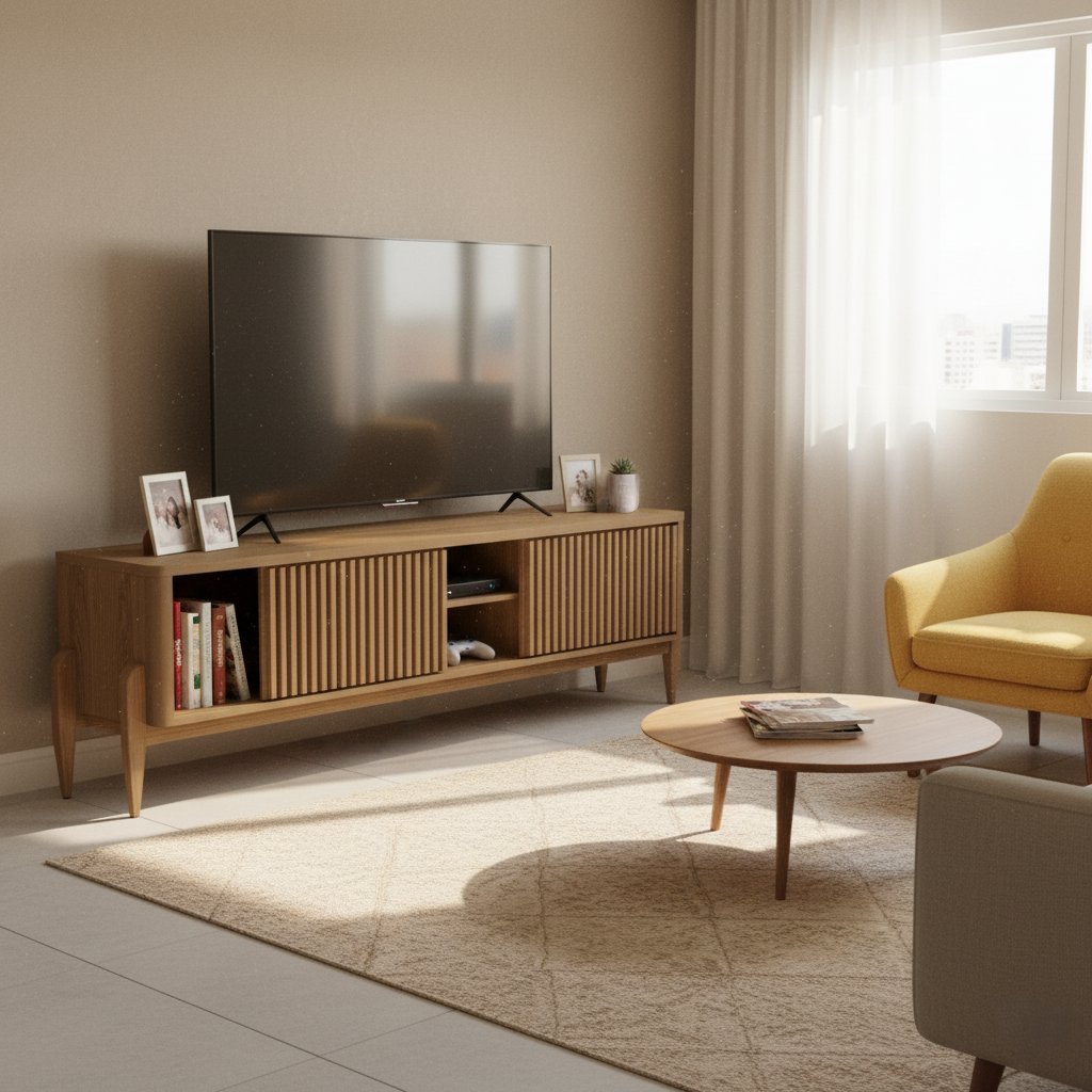 Rack com pés em madeira maciça para TV 55 Polegadas com Ripado 2 portas de correr 160mm Sereno Cedro em Oferta na Shopee