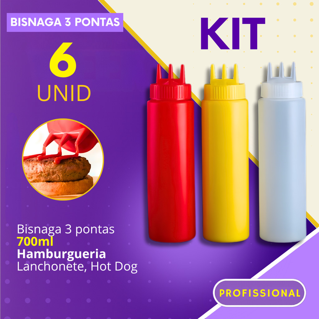 Bisnaga Kit 3 ou 6 Peças Três Pontas 700ml para Molhos Profissional Catchup Maionese Mostarda