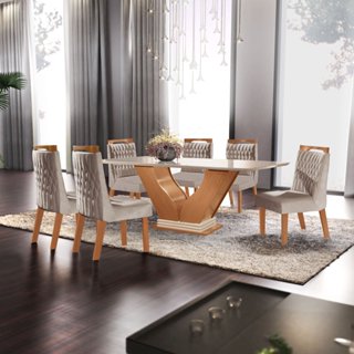 Conjunto Sala De Jantar Mesa Com Tampo De Vidro Safira 6 Cadeiras Atena  Cinamomo/Off White em Oferta na Shopee