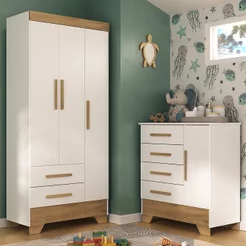 Quarto Infantil Completo Guarda Roupa 3 Portas 2 Gavetas com Cômoda Selene Espresso Móveis Branco/Fosco/Nature Branco