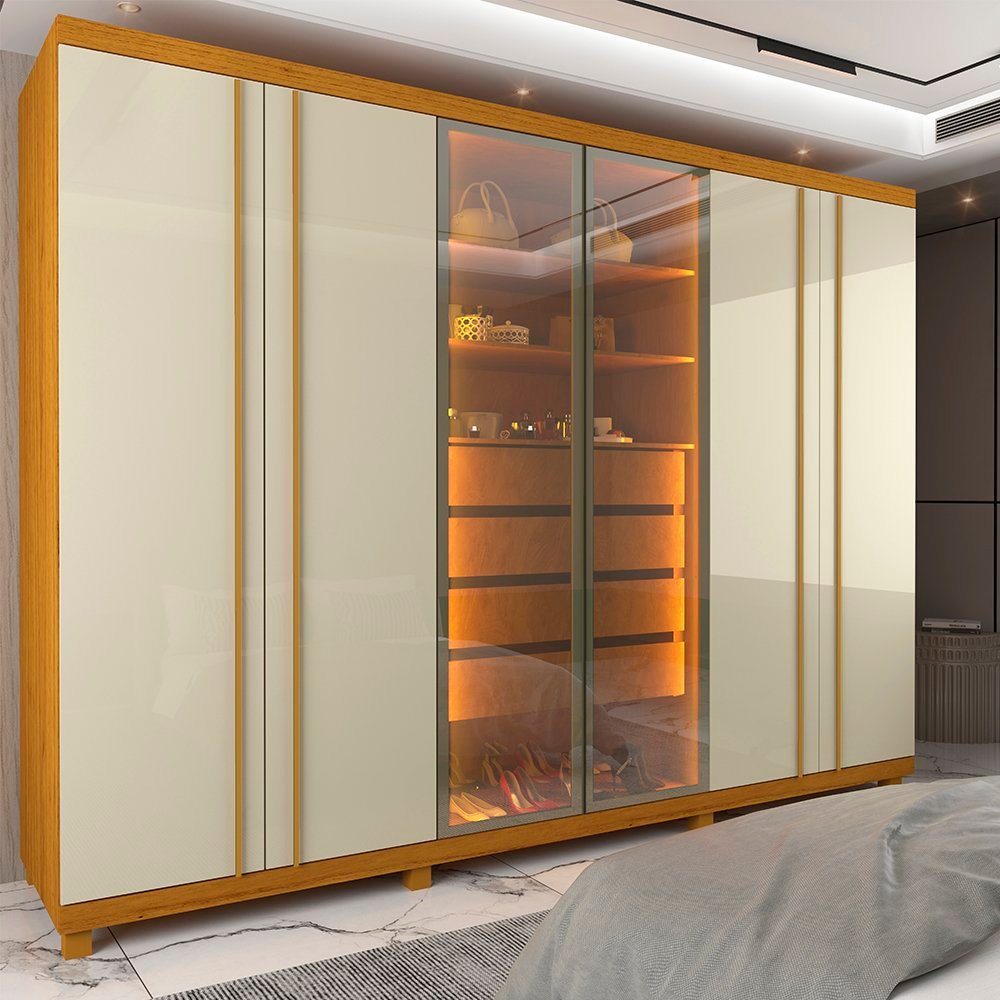 Guarda Roupas Casal 6 Portas com Pés e LED Absolut New Reflecta 100% MDF Naturale/Off White em Oferta na Shopee