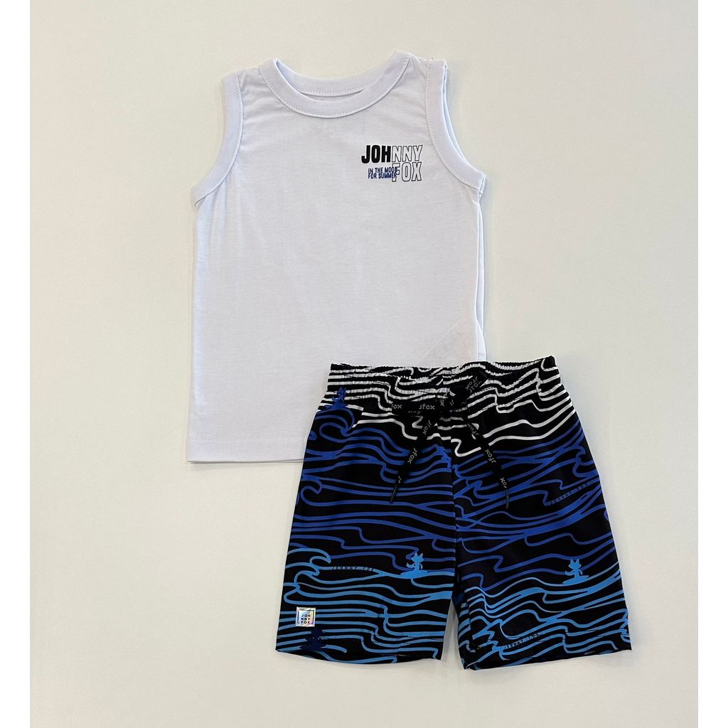 Conjunto Infantil Menino Johnny Fox Regata Branca E Bermuda Azul Estampada De Ondas