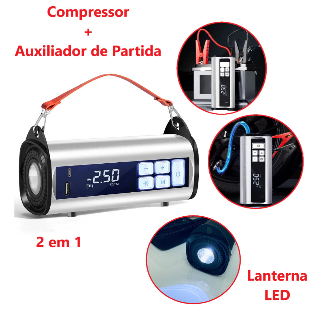 4 Em 1 Auxiliador Partida Compressor Ar Digital Portátil Multifuncional 12000mAh 12V Moto Carro 3.0 Carreto Bola Carpei · foto 2