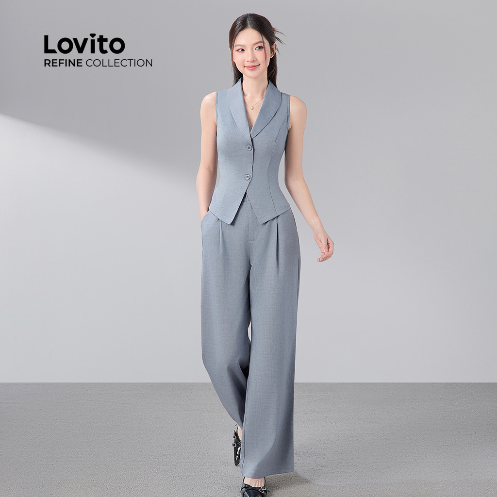 Detalhes do (Lovito Refine) Tops ou Calças Elegantes com Botão para Primavera/verão Traje Cinza para Mulheres LR21A057