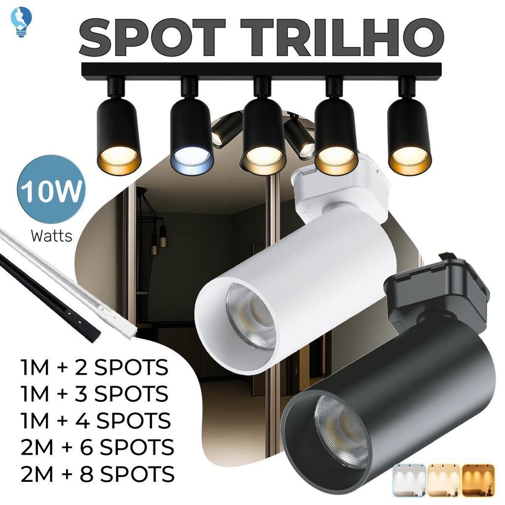 Trilho Spot LED para trilho eletrificado + Trilho + Conector Tubinho Preto e Branco 10W Bivolt em Oferta na Shopee