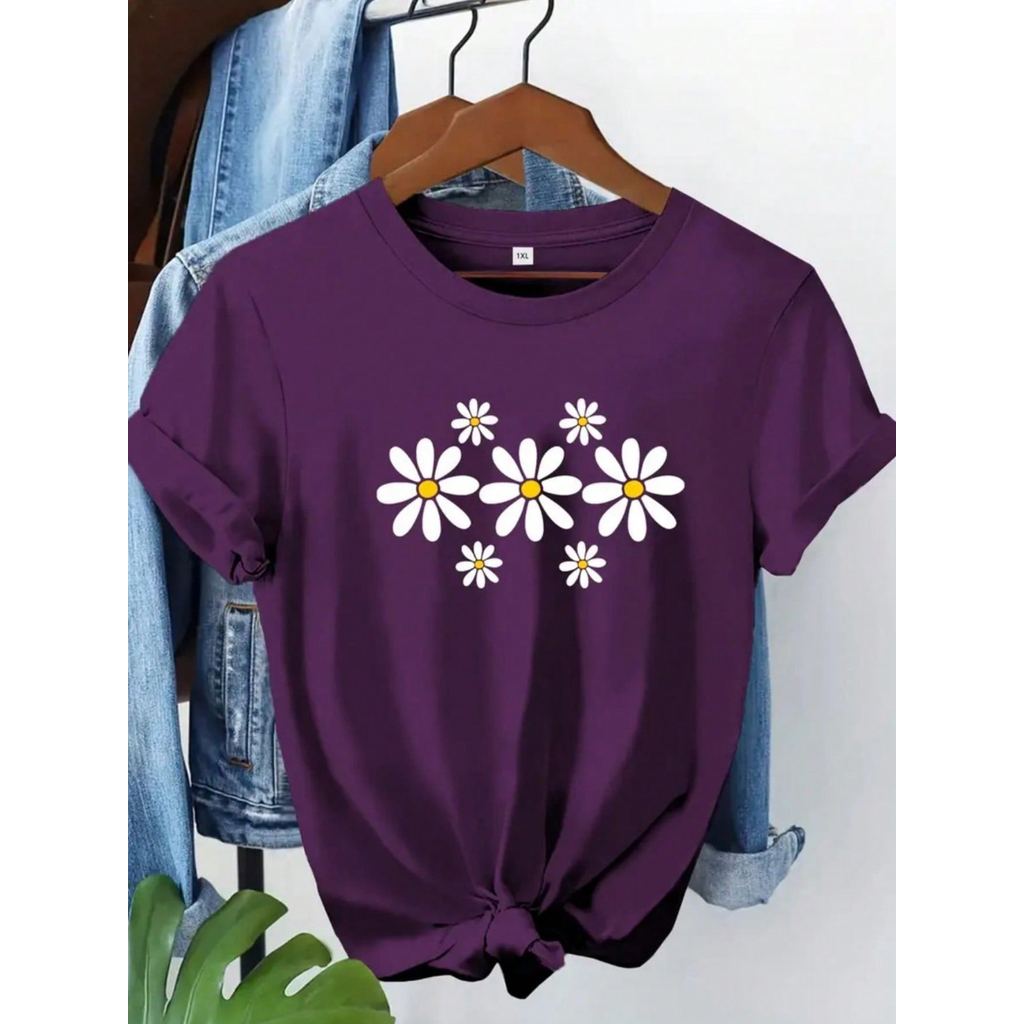Camiseta Feminina Roxa com Flores estampado - T Shirt Básica Casual Moda Atual