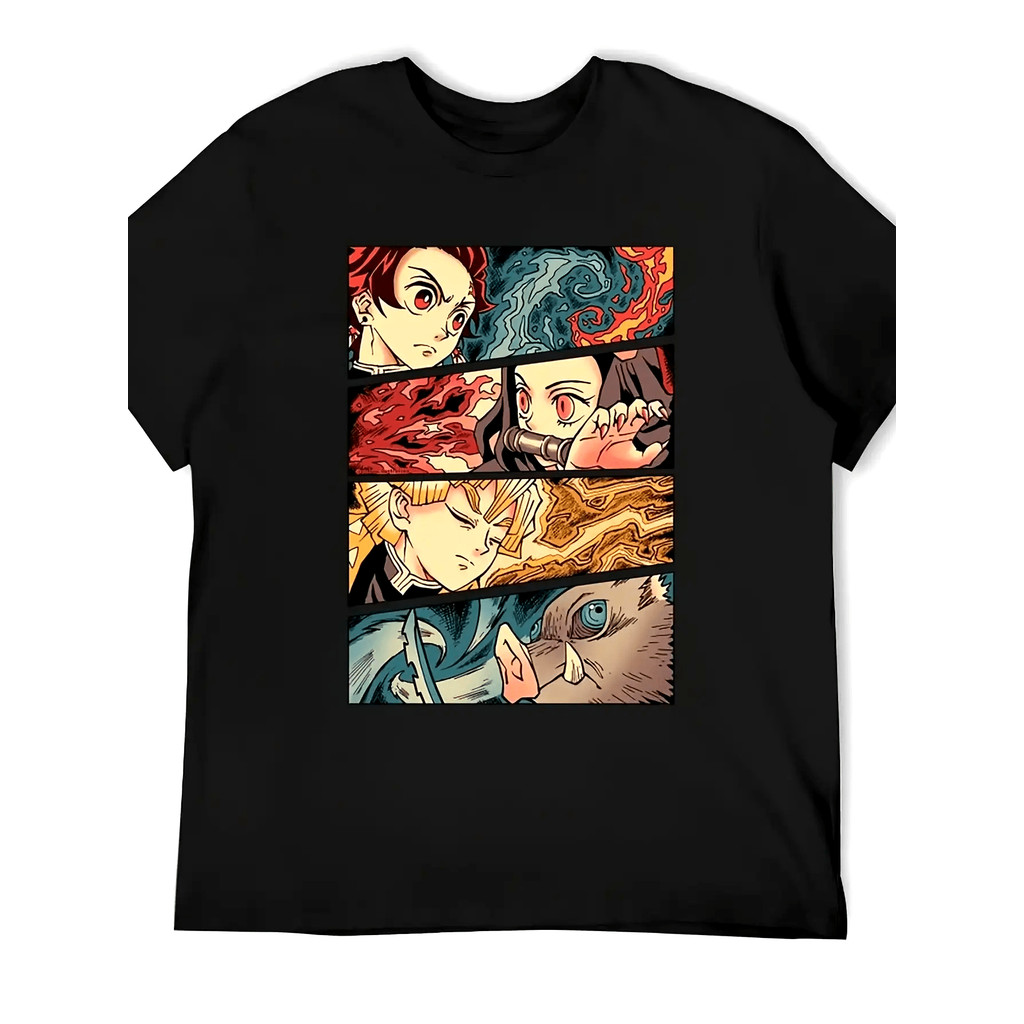 Camiseta Masculina Anime Herói Demônio Personagens Coloridos Vermelho Dourado Ciano Estampada Confortável