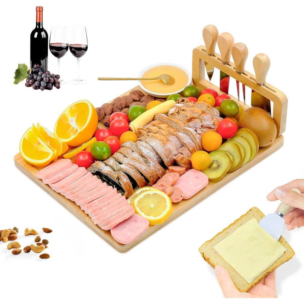 Tabua Queijos E Frios + Kit Espátulas 04 Peças Madeira 36X28X2CM Tabuleiro de Charcutaria Multiuso