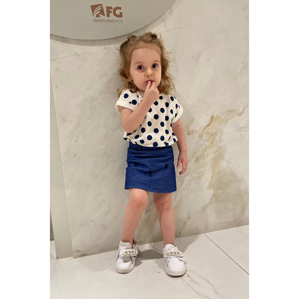 Conjunto Infantil Blusa manga Curta Poás Bolinhas Shorts Saia Jeans Gatinho Orelhinhas Marinho