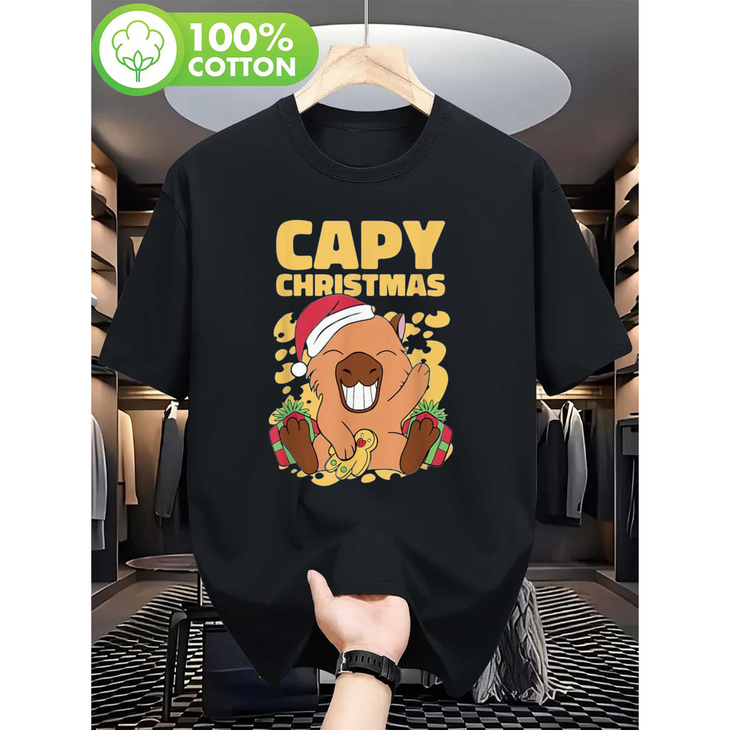 Camiseta Unissex Masculina e Feminina Capivara Natal Chapéu Papai Noel Balas Coloridas Estampada Confortável Divertida E