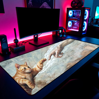 Mouse Pad Gamer Gato A Criação de Adão 65x30cm / 80x40cm / 90x50cm / 120x60cm / Borda Costurada