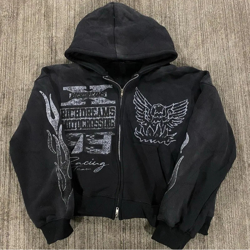 Rua Hip Hop estrela menina impresso preto zíper Hoodie feminino 2022 y2k Harajuku jaqueta moletom feminino