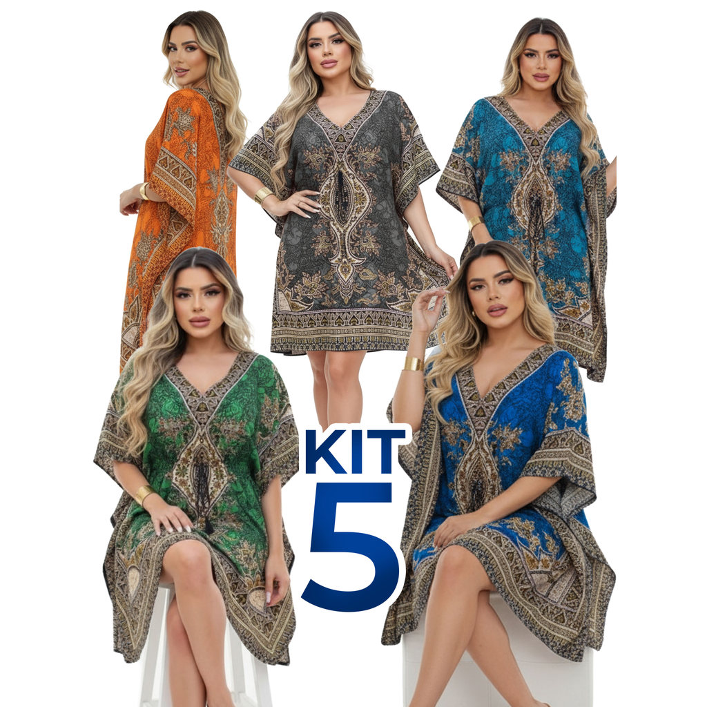 Kit 5 Kaftans Curtas Indianas Femininas – Saída de Praia Leve e Fresca, Tecido Poliéster Amplo, Verão 2025