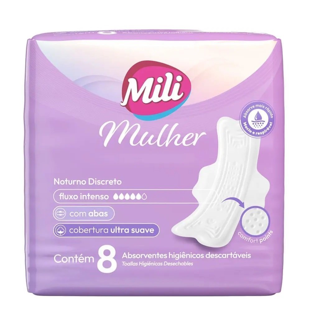 Absorvente Mili Mulher Noturno Discreto Com Abas - Embalagem com 8 Unidades em Oferta na Shopee