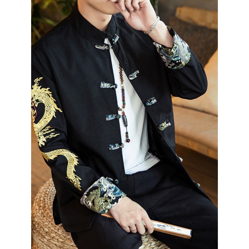 Jaqueta de gola alta masculina primavera outono estilo chinês roupas masculinas antigo na moda bordado juventude roupas
