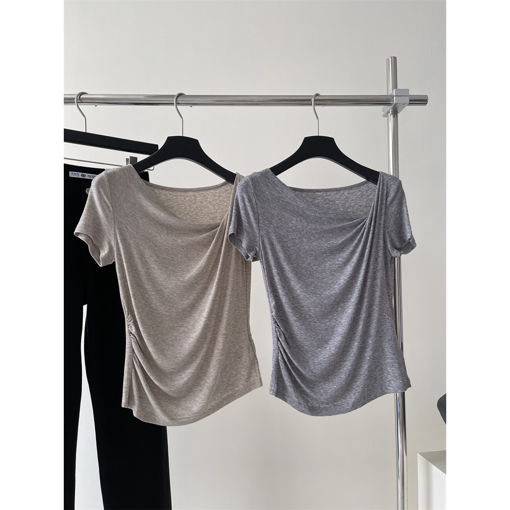 JAYT ombro oblíquo gola oscilante Irregular Tencel lã camiseta cintura pequena mais magro olhar dois desgaste elegante t