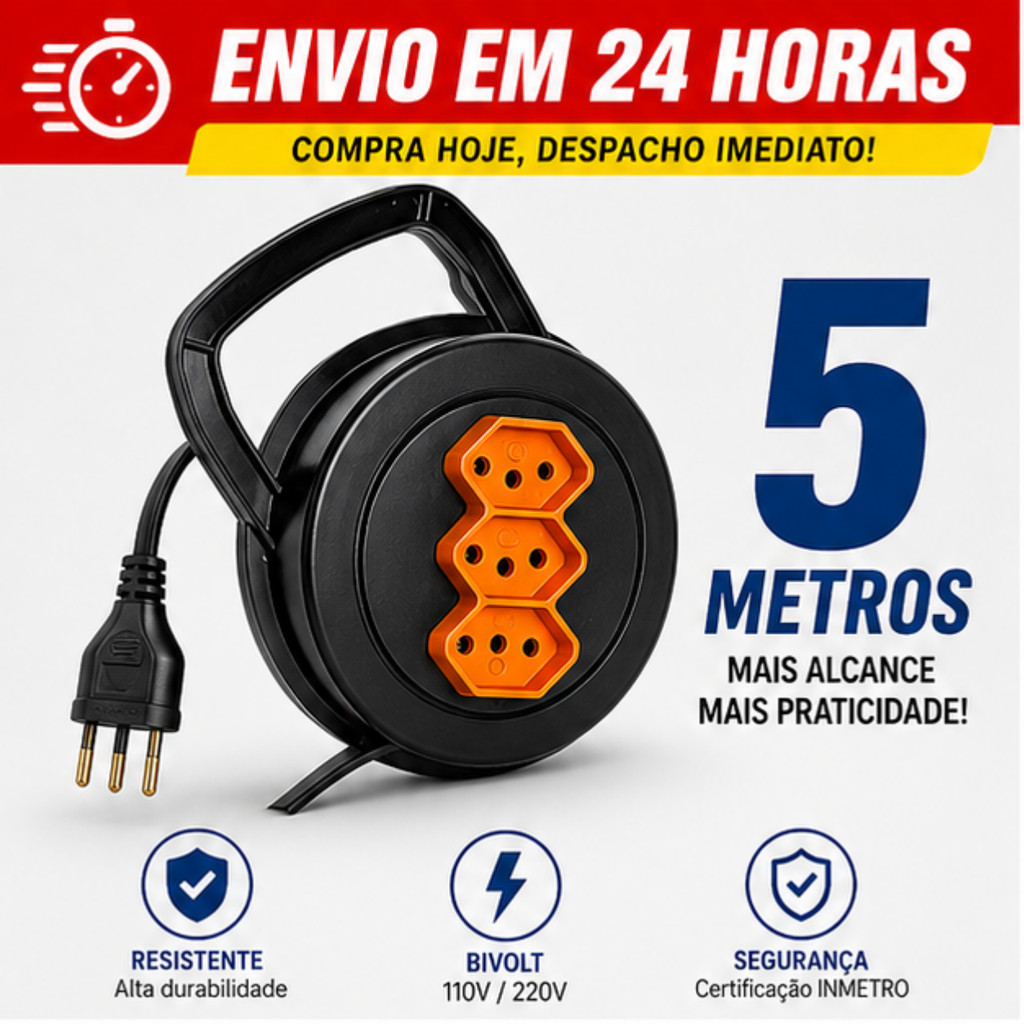 Extensão Elétrica Redonda 5 Metros - 3 Tomadas Resistente Ideal para Casa, Escritório e Trabalho [Cor Variadas]