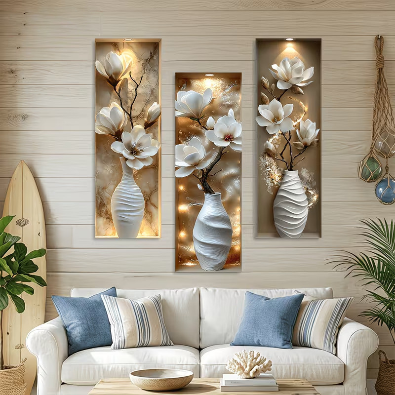 Kit 3Quadro Decorativo 3D Relevo Magnolia Luxo Moderno Cristal Vaso Flores Prosperidade Creme Sofa Sala Entrada Parede
