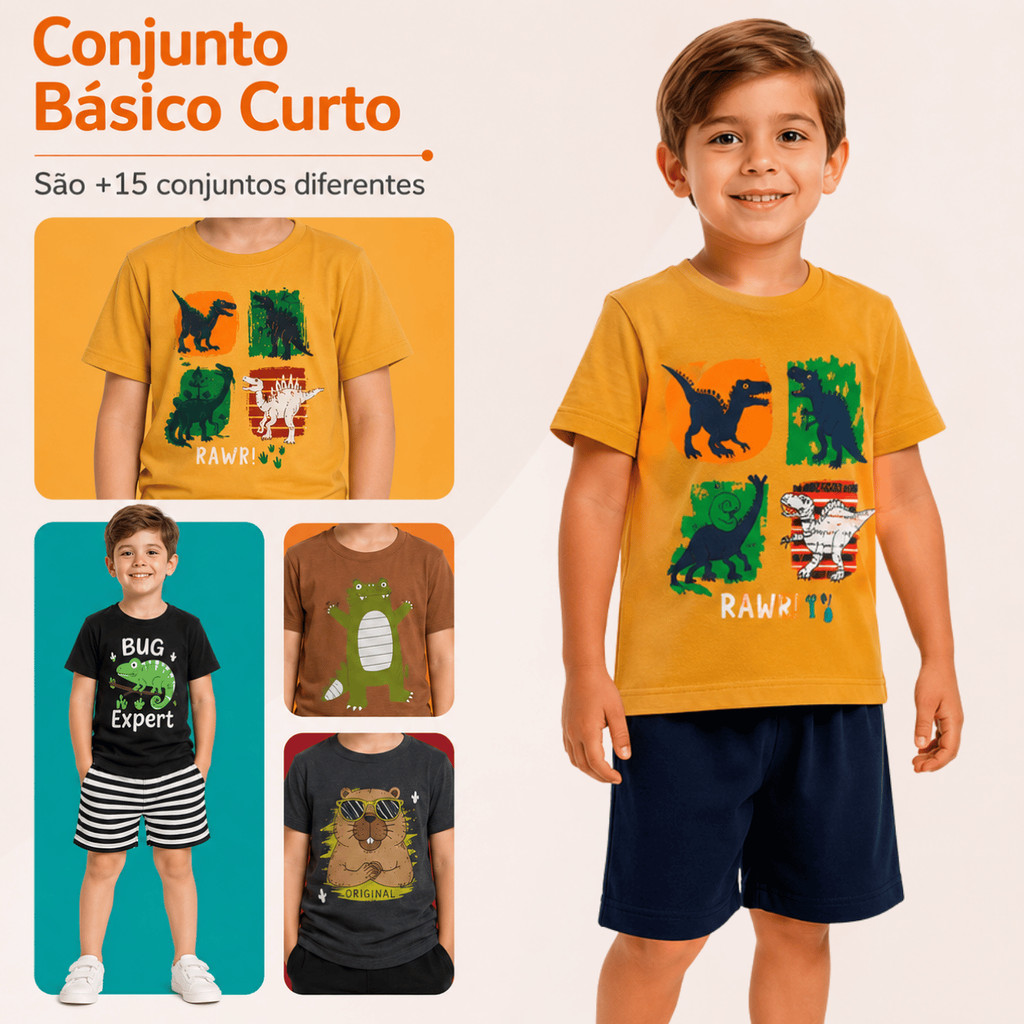 Kit 2 Conjuntos Sortidos Masculino/Menino Infantil Juvenil Camiseta Estampada e Bermuda Lisa