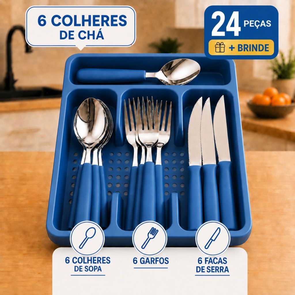 Jogo de Talheres Completo 24 Peças Inox com Suporte para Organizar