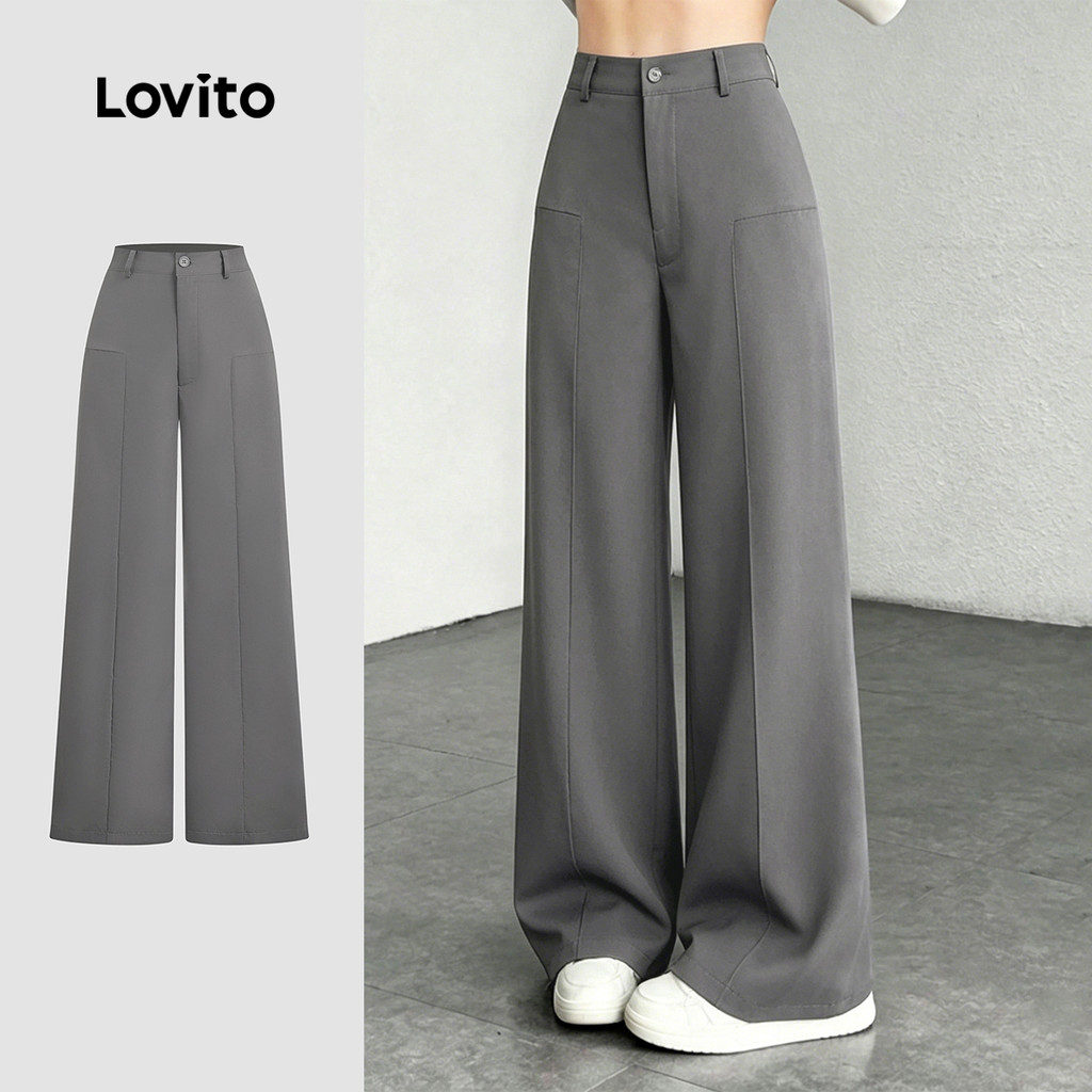 (Lovito x Ana) Calça Elegante Linha Estrutura Fecho Zíper Botão Cinza Escuro Cal