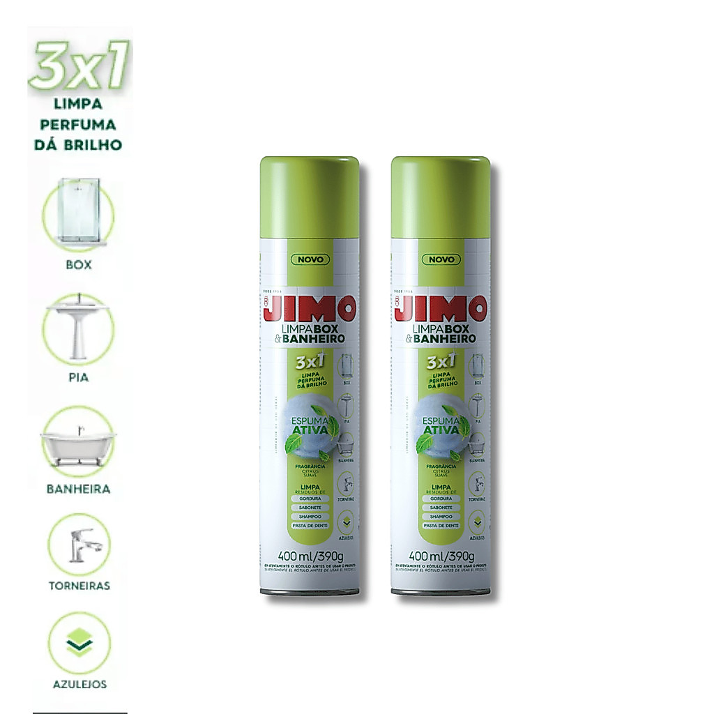 Kit C/2 Limpa Box e Banheiro Vidros Spray Limpeza Profunda e Desengordurante Multiuso 400ml - Jimo