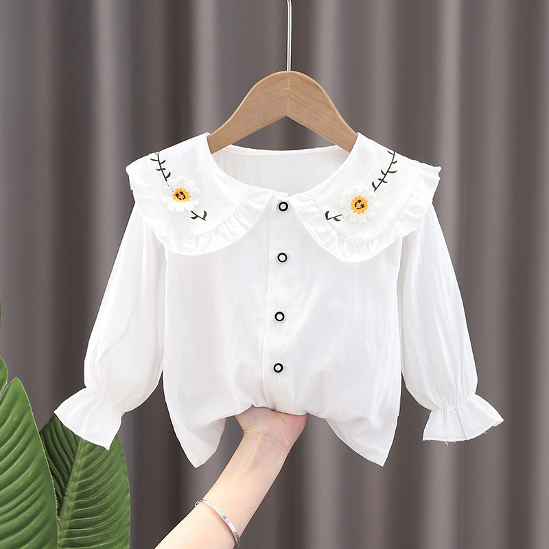 2023 primavera outono estilo ocidental versão coreana bebê menina camisa de fundo 0-3 crianças branco de manga comprida 