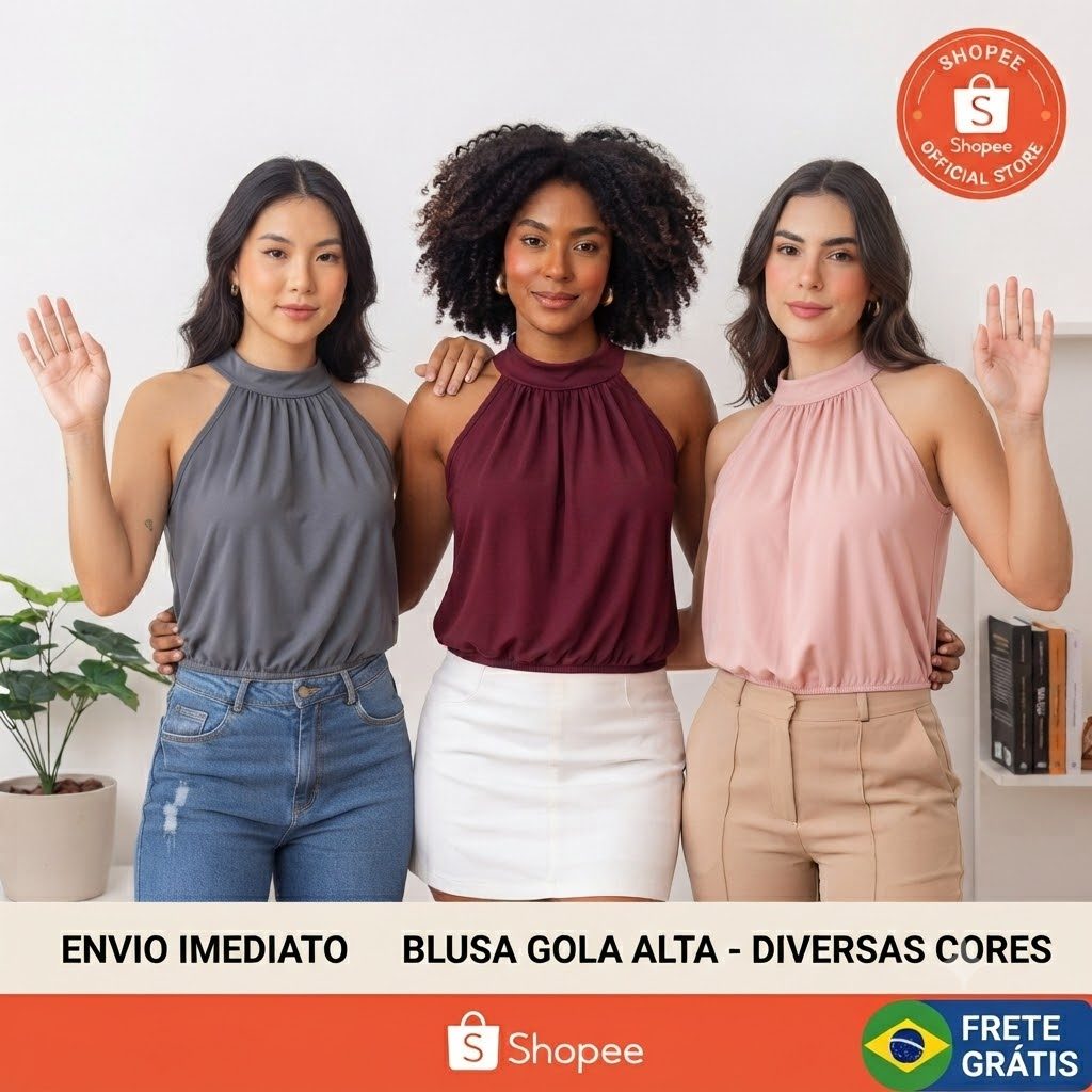 Kit 3 Blusas Femininas Gola Alta Casual Trabalho Tecido Premium Não Amassa Moda Executiva Atacado