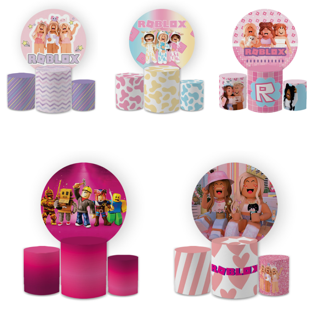 Kit Capa Painel Redondo 1,5 + Trio Cilindros Roblx Menina Rosa Decoração Aniversário Infantil | Envio Já