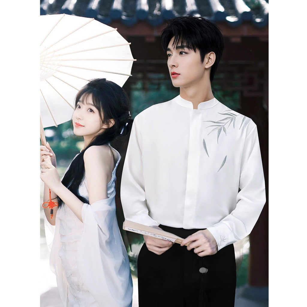 Branco Cuizhu bordado gola alta camisa masculina novo estilo chinês estilo chinês roupas de noivado bonito High-End long