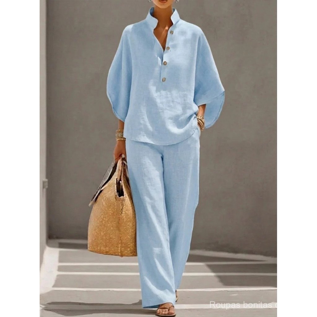 Conjunto Feminino de Algodão e Linho/Blusa Solta de Manga Longa com Decote em V e Calças de Perna Larga em Cor Sólida/Co