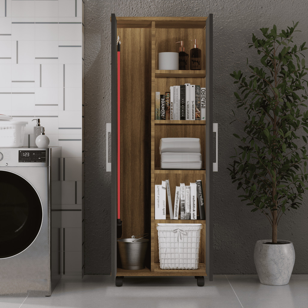 Armário Vertical Porta Vassouras E Produtos Limpeza Com Rodízios Organizador De Espaço Área De Serviço