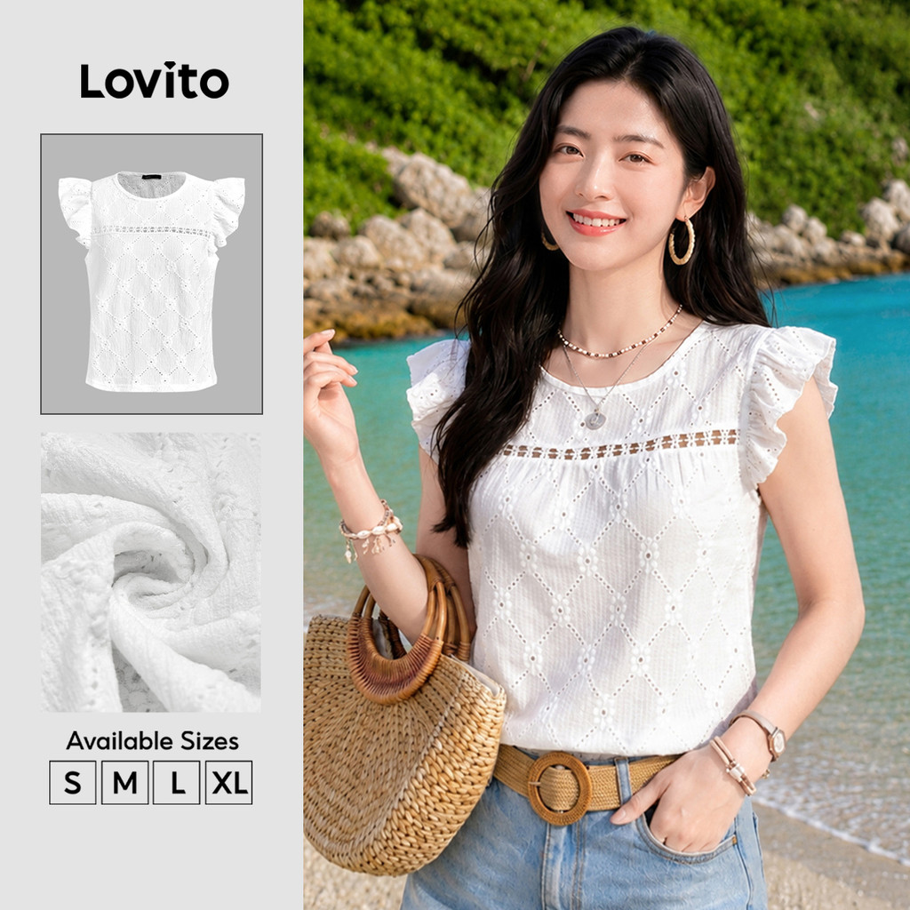 Lovito Férias Blusa Babado Trança Ilhó Bordado Primavera/Verão Blusa Branca Para
