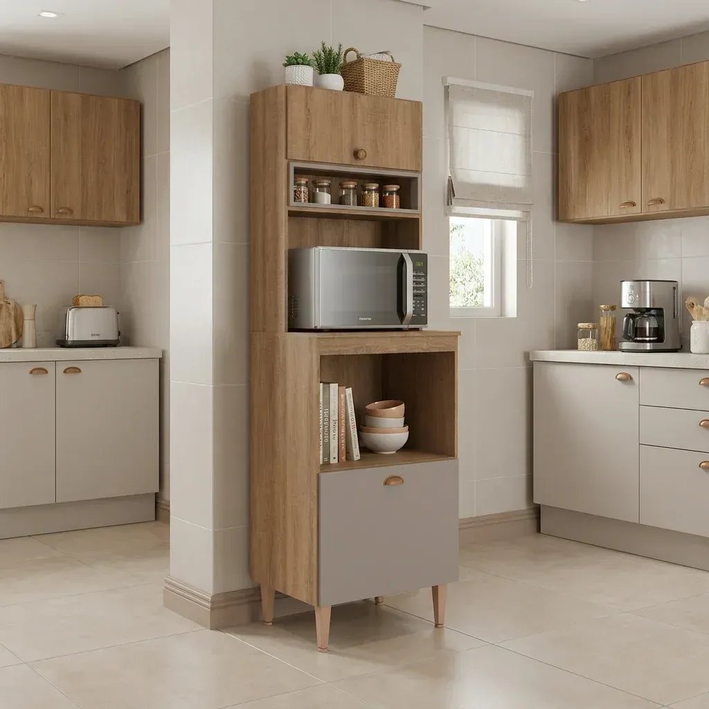 Paneleiro Torre Quente com Nichos para Microondas e Forno 198cm Marti Yescasa Mel/Fendi Cinza