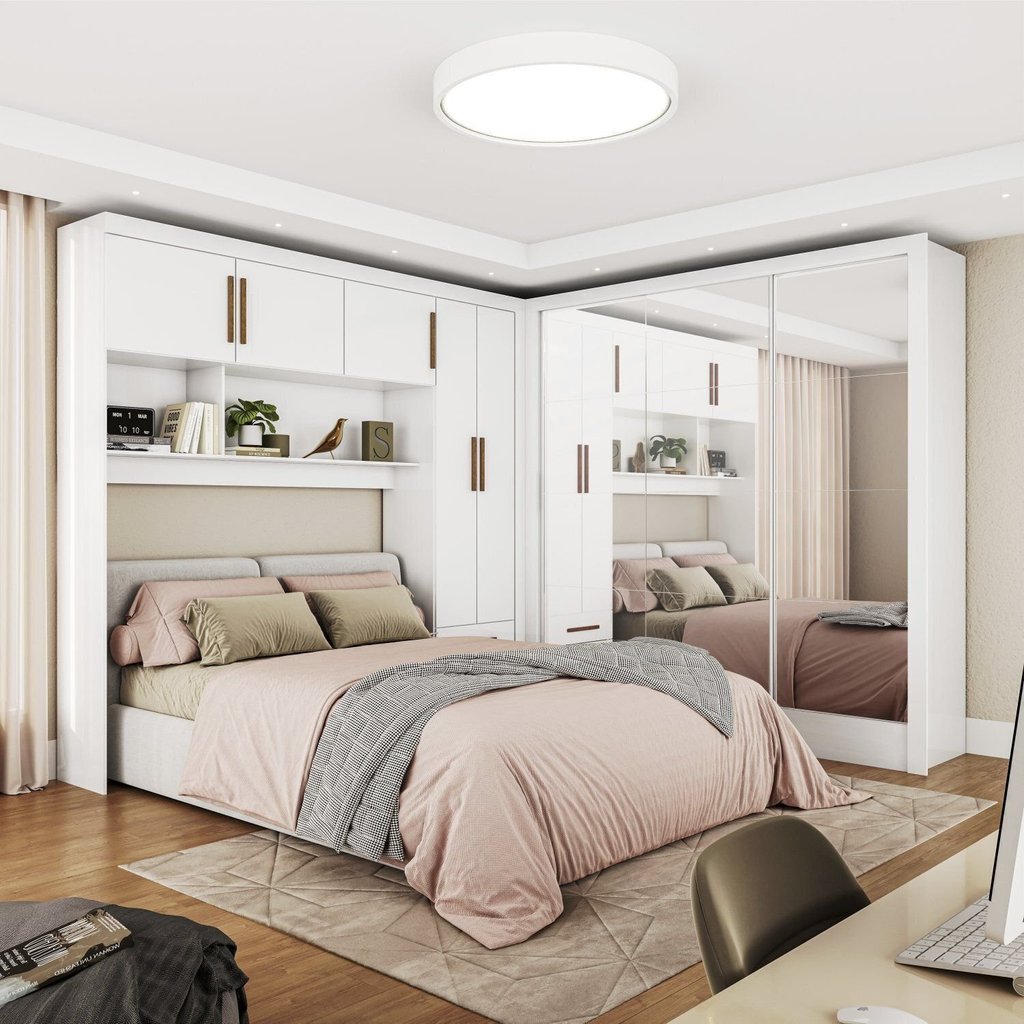 Guarda-Roupa Casal Modulado 5 Portas Santiago 3 Portas Premium 5 Gaveta com Espelho Branco Branco