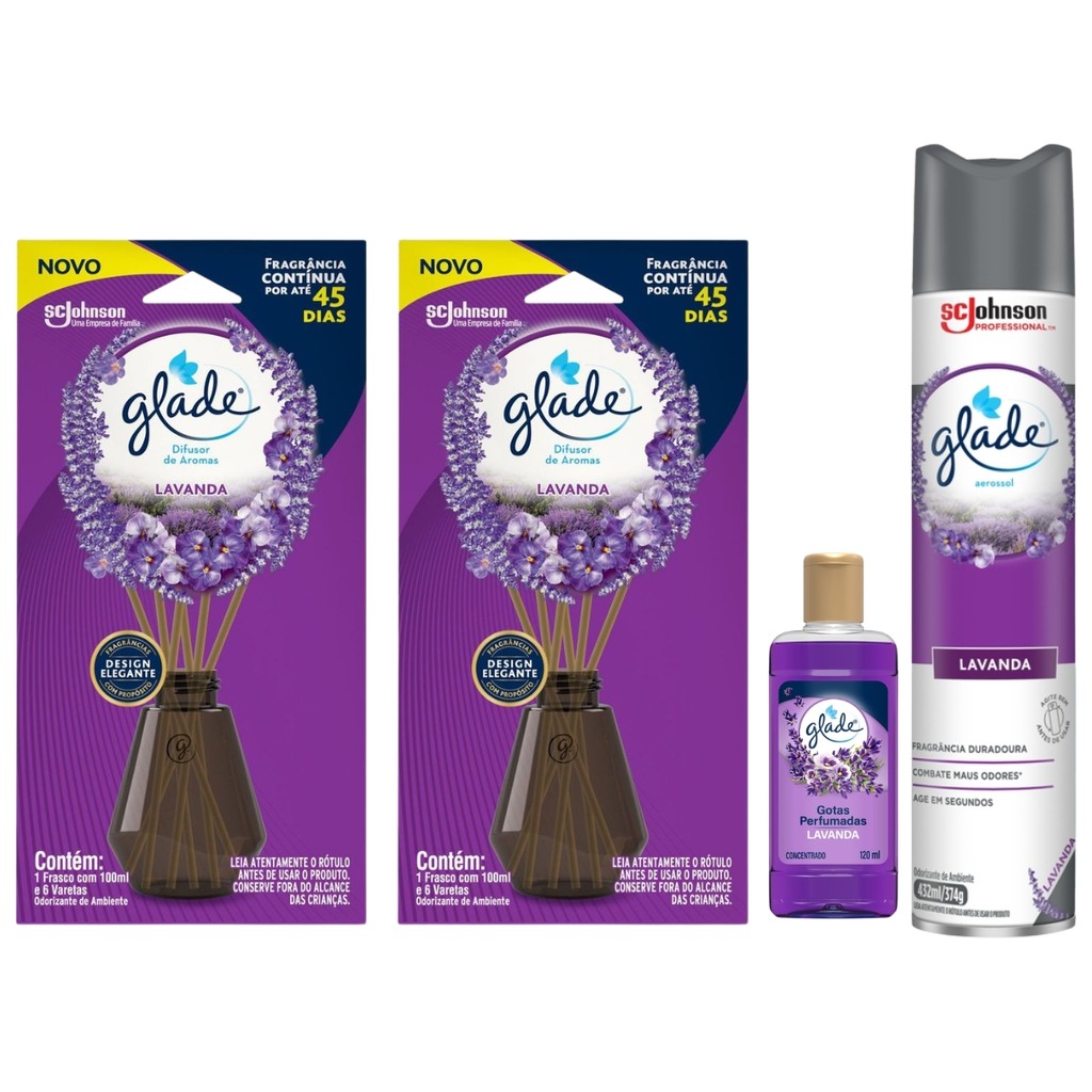 KIT Glade Lavanda - 2 Glade Difusor 100ml, Glade Odorizador Concentrado 120ml e Glade Aerossol 432ml