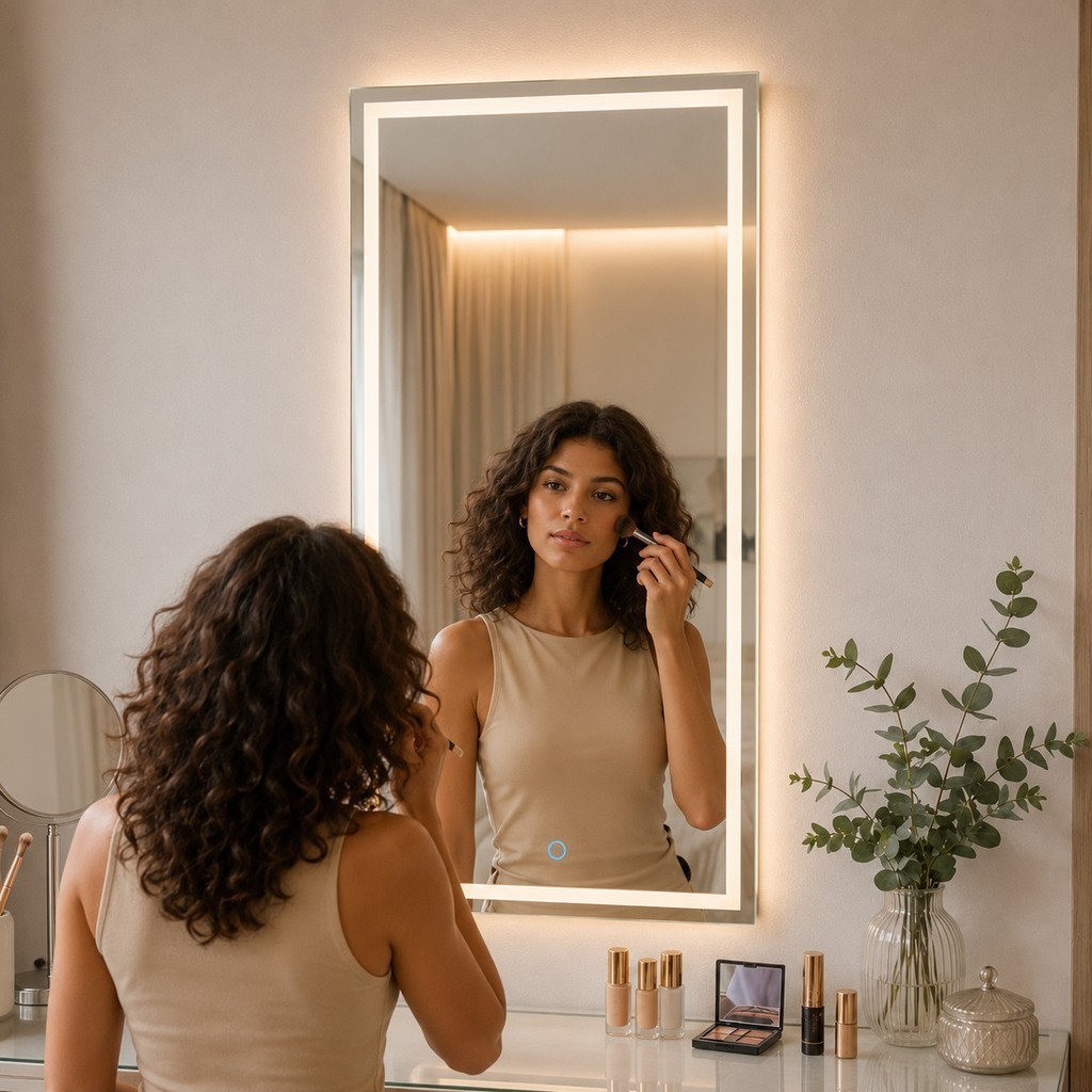 Espelho Grande Retangular 53x30 Jateado com Led 3 Cores e Botão Touch Premium pa