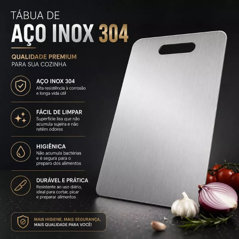 Tábua de Corte Inox 304 Dupla Face Antibacteriana Antimofo Resistente Cozinha Pequena ou Grande