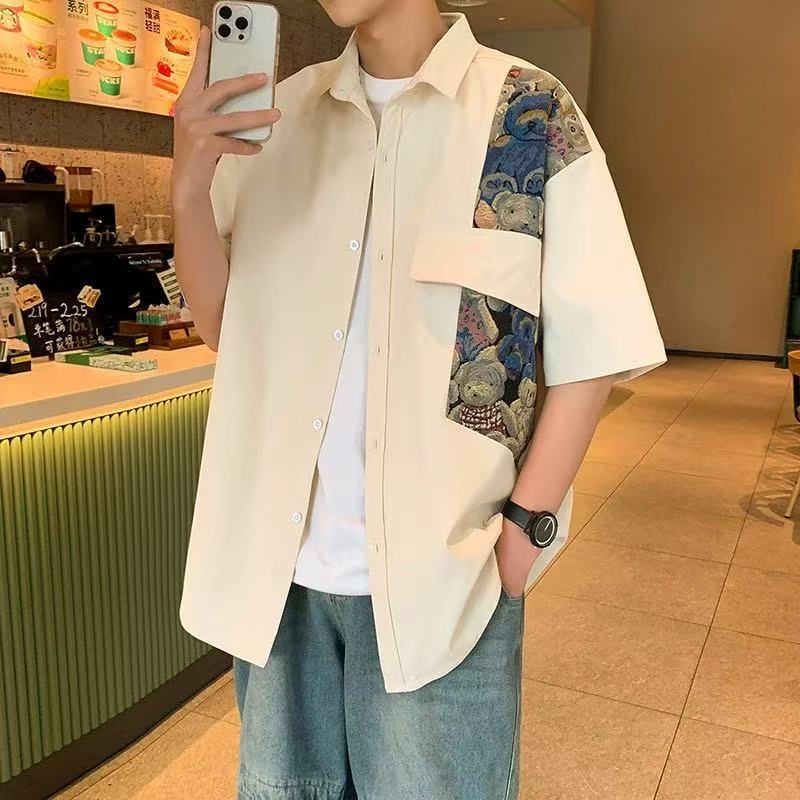 Verão Casual na moda All-Match lapela masculina moda novo estilo nacional na moda urso costura Irregular Retro curto