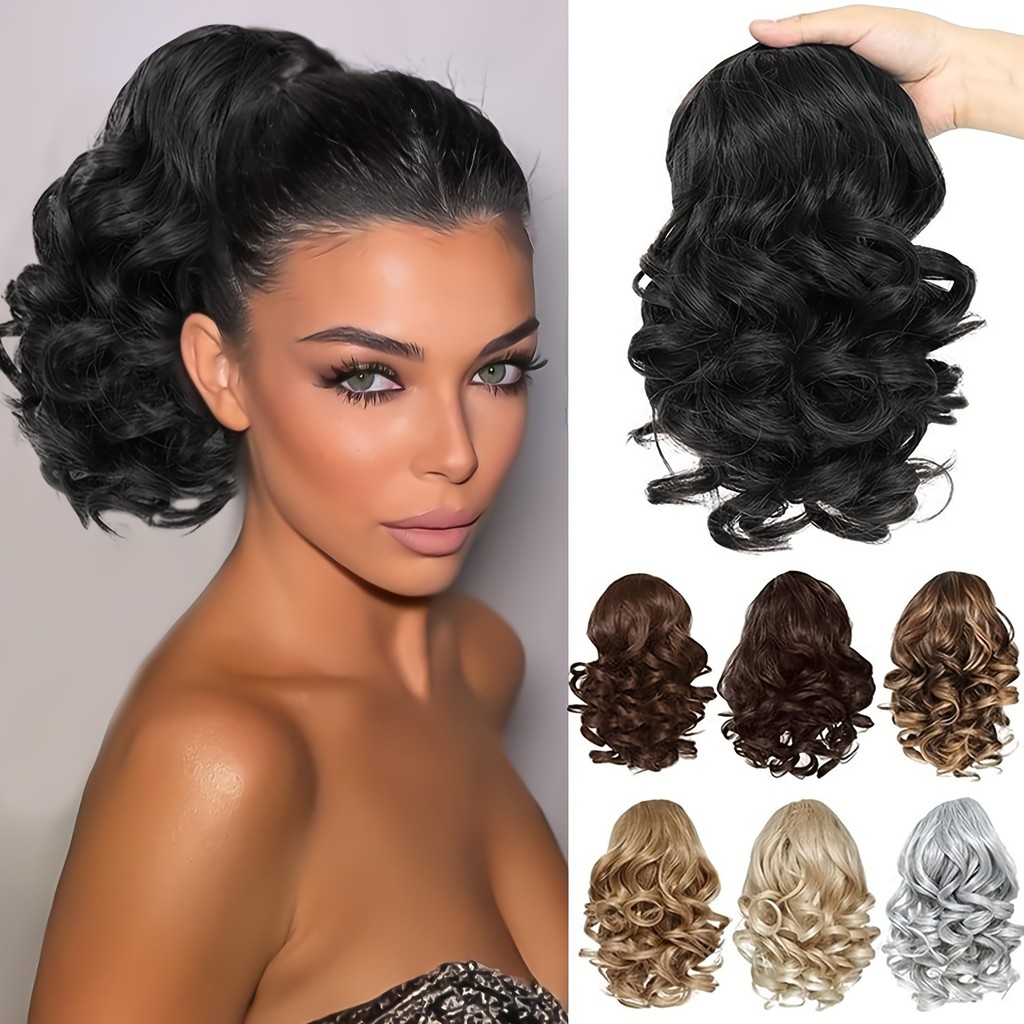 Extensão de Cabelo Sintético 28cm Curto Encaracolado Rabo de Cavalo Garra Clipe Aumenta Volume Marrom Preto-DB
